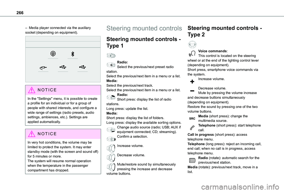 TOYOTA PROACE CITY VERSO EV 2021 Owners Manual 266
– Media player connected via the auxiliary socket (depending on equipment).
NOTIC E
In the "Settings" menu, it is possible to create a profile for an individual or for a group of peop TOYOTA PROACE CITY VERSO EV 2021 Owners Manual 266
– Media player connected via the auxiliary socket (depending on equipment).
NOTIC E
In the "Settings" menu, it is possible to create a profile for an individual or for a group of peop
