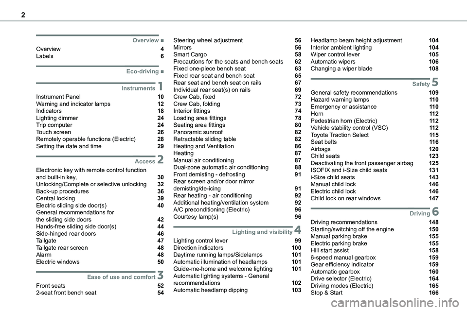 TOYOTA PROACE VERSO 2023  Owners Manual 2
  
  
  
  ■Overview
Overview  4Labels  6
  ■Eco-driving
 1Instruments
Instrument Panel  10Warning and indicator lamps  12Indicators  18Lighting dimmer  24Trip computer  24Touch screen  26Re