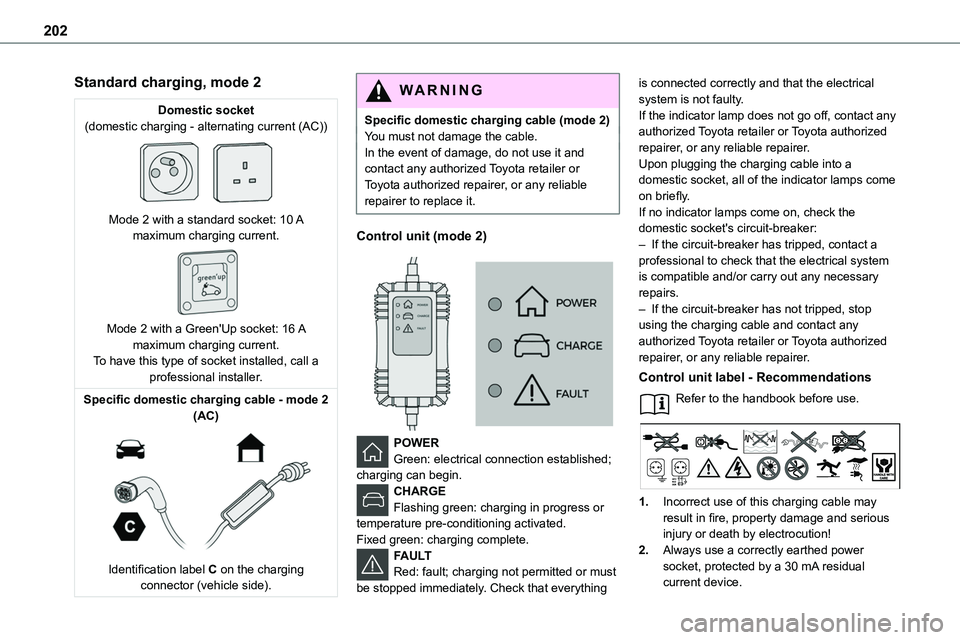 TOYOTA PROACE VERSO 2023 Owners Manual 202
Standard charging, mode 2
Domestic socket(domestic charging - alternating current (AC))
Mode 2 with a standard socket: 10 A maximum charging current.
Mode 2 with a Green'Up socket: 16 A TOYOTA PROACE VERSO 2023 Owners Manual 202
Standard charging, mode 2
Domestic socket(domestic charging - alternating current (AC))
Mode 2 with a standard socket: 10 A maximum charging current.
Mode 2 with a Green'Up socket: 16 A