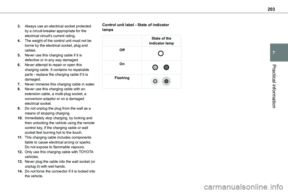 TOYOTA PROACE VERSO 2023 Owners Manual 203
Practical information
7
3.Always use an electrical socket protected by a circuit-breaker appropriate for the electrical circuit’s current rating.
4.The weight of the control unit must not be bor TOYOTA PROACE VERSO 2023 Owners Manual 203
Practical information
7
3.Always use an electrical socket protected by a circuit-breaker appropriate for the electrical circuit’s current rating.
4.The weight of the control unit must not be bor