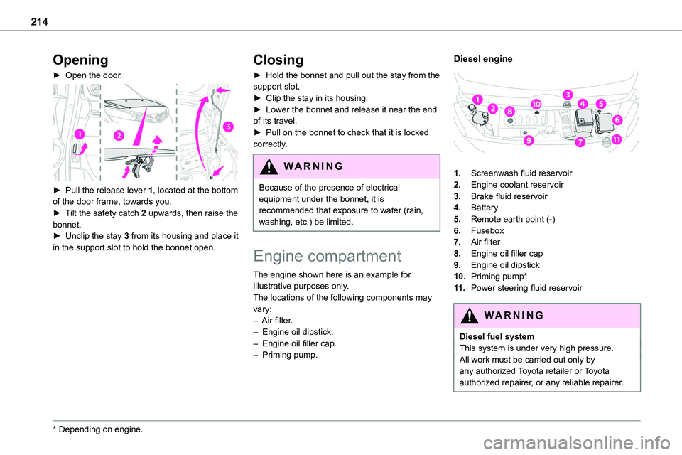 TOYOTA PROACE VERSO 2023  Owners Manual 214
Opening
► Open the door. 
 
► Pull the release lever 1, located at the bottom of the door frame, towards you.► Tilt the safety catch 2 upwards, then raise the bonnet.►  Unclip the stay 3 f