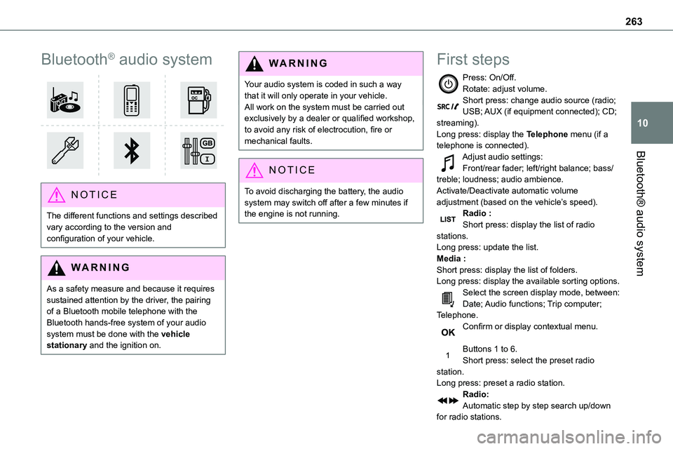 TOYOTA PROACE VERSO 2023 Owners Manual 263
Bluetooth® audio system
10
Bluetooth® audio system
NOTIC E
The different functions and settings described vary according to the version and configuration of your vehicle.
WARNI NG
As a safety TOYOTA PROACE VERSO 2023 Owners Manual 263
Bluetooth® audio system
10
Bluetooth® audio system
NOTIC E
The different functions and settings described vary according to the version and configuration of your vehicle.
WARNI NG
As a safety