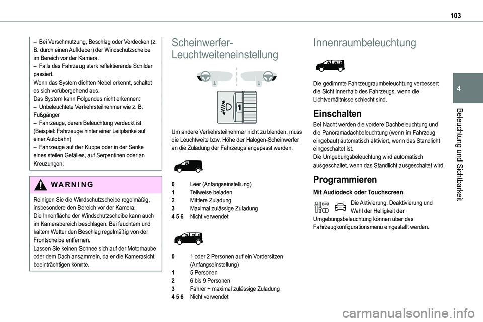 TOYOTA PROACE VERSO 2023  Betriebsanleitungen (in German) 103
Beleuchtung und Sichtbarkeit
4
– Bei Verschmutzung, Beschlag oder Verdecken (z. B. durch einen Aufkleber) der Windschutzscheibe im Bereich vor der Kamera.– Falls das Fahrzeug stark reflektiere