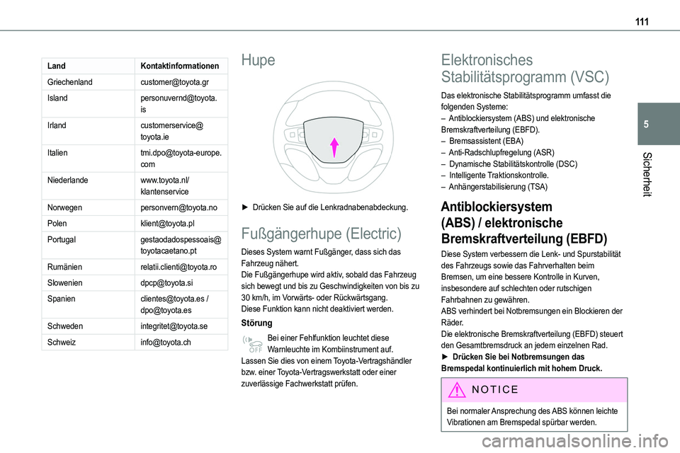 TOYOTA PROACE VERSO 2023  Betriebsanleitungen (in German) 111
Sicherheit
5
LandKontaktinformationen
Griechenlandcustomer@toyota.gr
Islandpersonuvernd@toyota.is
Irlandcustomerservice@toyota.ie
Italientmi.dpo@toyota-europe.com
Niederlandewww.toyota.nl/klantens TOYOTA PROACE VERSO 2023  Betriebsanleitungen (in German) 111
Sicherheit
5
LandKontaktinformationen
Griechenlandcustomer@toyota.gr
Islandpersonuvernd@toyota.is
Irlandcustomerservice@toyota.ie
Italientmi.dpo@toyota-europe.com
Niederlandewww.toyota.nl/klantens