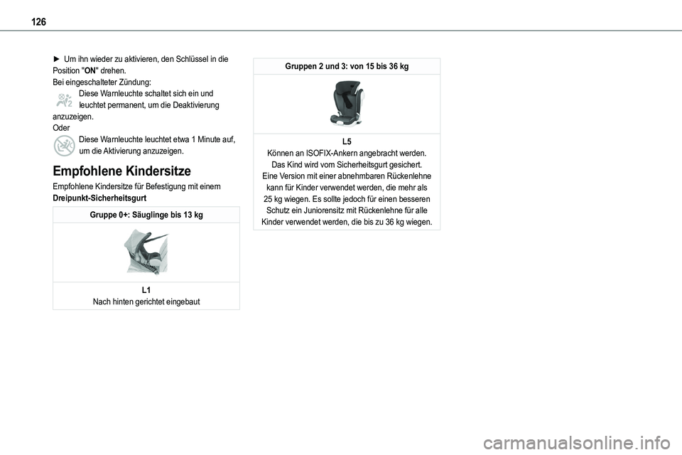 TOYOTA PROACE VERSO 2023  Betriebsanleitungen (in German) 126
► Um ihn wieder zu aktivieren, den Schlüssel in die Position "ON" drehen.Bei eingeschalteter Zündung:Diese Warnleuchte schaltet sich ein und leuchtet permanent, um die Deaktivierung an TOYOTA PROACE VERSO 2023  Betriebsanleitungen (in German) 126
► Um ihn wieder zu aktivieren, den Schlüssel in die Position "ON" drehen.Bei eingeschalteter Zündung:Diese Warnleuchte schaltet sich ein und leuchtet permanent, um die Deaktivierung an