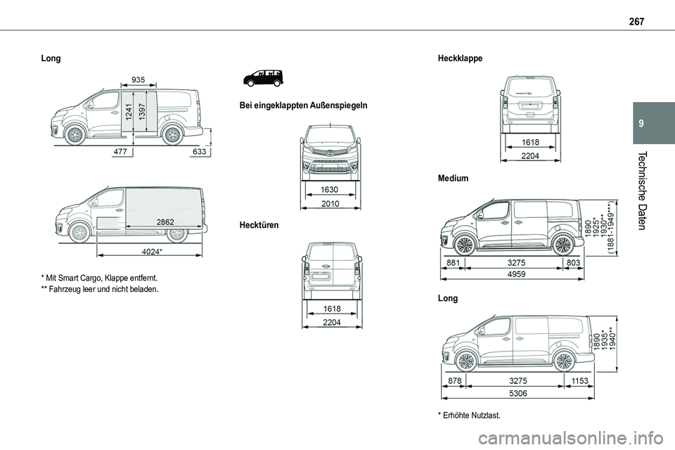 TOYOTA PROACE VERSO 2023  Betriebsanleitungen (in German) 267
Technische Daten
9
Long 
  
 
* Mit Smart Cargo, Klappe entfernt.** Fahrzeug leer und nicht beladen.
 
 
Bei eingeklappten Außenspiegeln 
 
Hecktüren 
 
Heckklappe 
 
Medium 
 
Long 
 
* Erhöht