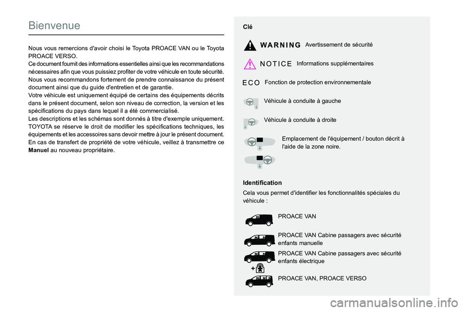 TOYOTA PROACE VERSO 2023 Manuel du propriétaire (in French)
Bienvenue
Nous vous remercions d'avoir choisi le Toyota PROACE VAN ou le Toyota PROACE VERSO.Ce document fournit des informations essentielles ains TOYOTA PROACE VERSO 2023 Manuel du propriétaire (in French)
Bienvenue
Nous vous remercions d'avoir choisi le Toyota PROACE VAN ou le Toyota PROACE VERSO.Ce document fournit des informations essentielles ains