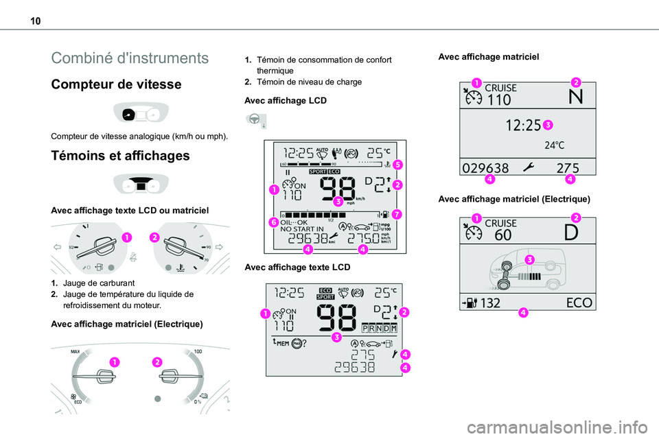 TOYOTA PROACE VERSO 2023 Manuel du propriétaire (in French) 10
Combiné d'instruments
Compteur de vitesse
Compteur de vitesse analogique (km/h ou mph).
Témoins et affichages
Avec affichage texte LCD ou matriciel
1.Jauge de carburant
2.Jauge de te TOYOTA PROACE VERSO 2023 Manuel du propriétaire (in French) 10
Combiné d'instruments
Compteur de vitesse
Compteur de vitesse analogique (km/h ou mph).
Témoins et affichages
Avec affichage texte LCD ou matriciel
1.Jauge de carburant
2.Jauge de te