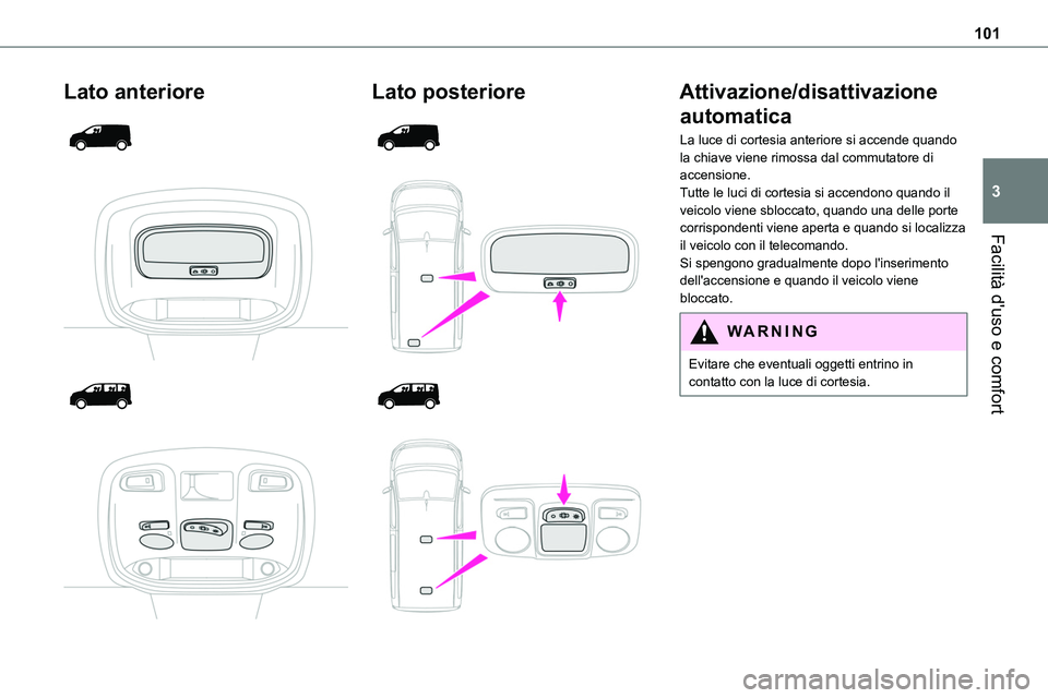 TOYOTA PROACE VERSO 2023 Manuale duso (in Italian) 101
Facilità d'uso e comfort
3
Lato anteriore
Lato posteriore
Attivazione/disattivazione
automatica
La luce di cortesia anteriore si accende quando la chiave viene rimoss TOYOTA PROACE VERSO 2023 Manuale duso (in Italian) 101
Facilità d'uso e comfort
3
Lato anteriore
Lato posteriore
Attivazione/disattivazione
automatica
La luce di cortesia anteriore si accende quando la chiave viene rimoss