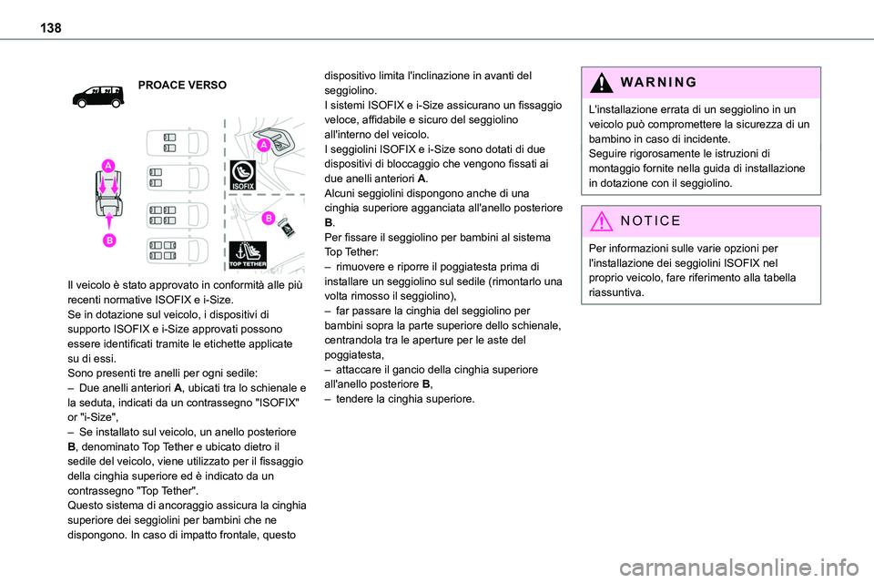 TOYOTA PROACE VERSO 2023 Manuale duso (in Italian) 138
PROACE VERSO
Il veicolo è stato approvato in conformità alle più recenti normative ISOFIX e i-Size.Se in dotazione sul veicolo, i dispositivi di supporto ISOFIX e i-Size approvati possono e TOYOTA PROACE VERSO 2023 Manuale duso (in Italian) 138
PROACE VERSO
Il veicolo è stato approvato in conformità alle più recenti normative ISOFIX e i-Size.Se in dotazione sul veicolo, i dispositivi di supporto ISOFIX e i-Size approvati possono e