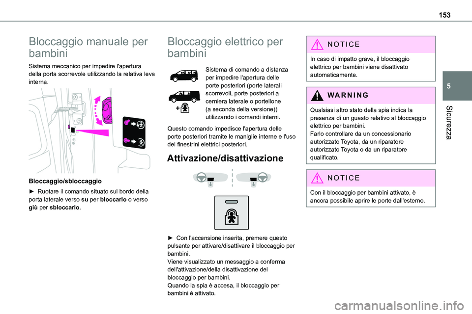 TOYOTA PROACE VERSO 2023  Manuale duso (in Italian) 153
Sicurezza
5
Bloccaggio manuale per 
bambini
Sistema meccanico per impedire l'apertura della porta scorrevole utilizzando la relativa leva interna. 
 
Bloccaggio/sbloccaggio
► Ruotare il coma