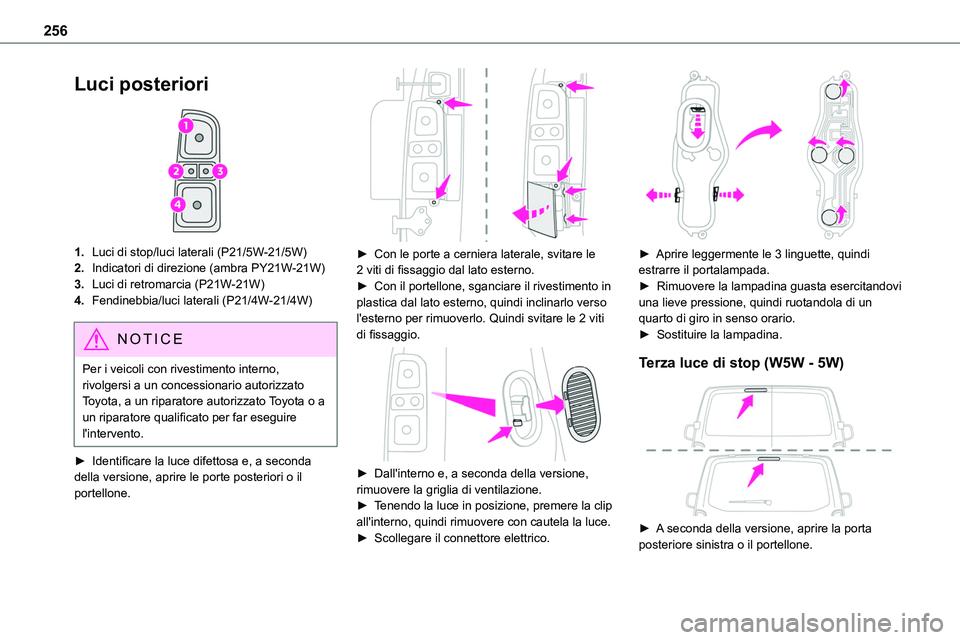 TOYOTA PROACE VERSO 2023 Manuale duso (in Italian) 256
Luci posteriori
1.Luci di stop/luci laterali (P21/5W-21/5W)
2.Indicatori di direzione (ambra PY21W-21W)
3.Luci di retromarcia (P21W-21W)
4.Fendinebbia/luci laterali (P21/4W-21/4W)
NOTIC E
Per i TOYOTA PROACE VERSO 2023 Manuale duso (in Italian) 256
Luci posteriori
1.Luci di stop/luci laterali (P21/5W-21/5W)
2.Indicatori di direzione (ambra PY21W-21W)
3.Luci di retromarcia (P21W-21W)
4.Fendinebbia/luci laterali (P21/4W-21/4W)
NOTIC E
Per i