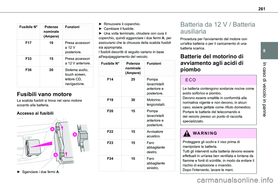 TOYOTA PROACE VERSO 2023  Manuale duso (in Italian) 261
In caso di veicolo in panne
8
Fusibile N°Potenza nominale(Ampere)
Funzioni
F1710Presa accessori a 12 V posteriore.
F3315Presa accessori a 12 V anteriore.
F3620Sistema audio, touch screen, lettore