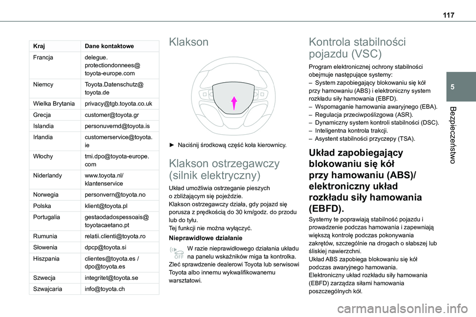 TOYOTA PROACE VERSO 2023  Instrukcja obsługi (in Polish) 11 7
Bezpieczeństwo
5
KrajDane kontaktowe
Francjadelegue.protectiondonnees@toyota-europe.com
NiemcyToyota.Datenschutz@toyota.de
Wielka Brytaniaprivacy@tgb.toyota.co.uk
Grecjacustomer@toyota.gr
Island