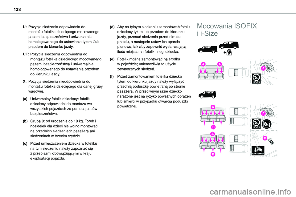 TOYOTA PROACE VERSO 2023 Instrukcja obsługi (in Polish) 138
U:Pozycja siedzenia odpowiednia do montażu fotelika dziecięcego mocowanego pasami bezpieczeństwa i uniwersalnie homologowanego do ustawiania tyłem i/lub przodem do kierunku jazdy.
UF:Pozycja s TOYOTA PROACE VERSO 2023 Instrukcja obsługi (in Polish) 138
U:Pozycja siedzenia odpowiednia do montażu fotelika dziecięcego mocowanego pasami bezpieczeństwa i uniwersalnie homologowanego do ustawiania tyłem i/lub przodem do kierunku jazdy.
UF:Pozycja s