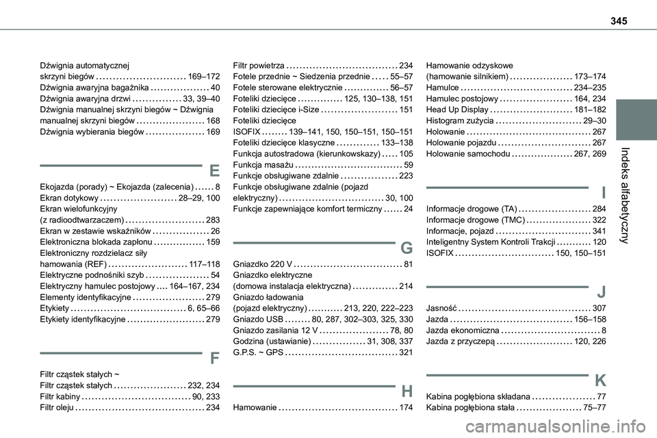 TOYOTA PROACE VERSO 2023 Instrukcja obsługi (in Polish) 345
Indeks alfabetyczny
Dźwignia automatycznej skrzyni biegów 169–172Dźwignia awaryjna bagażnika 40Dźwignia awaryjna drzwi 33, 39–40Dźwignia manualnej skrzyni biegów ~ Dźwignia manu TOYOTA PROACE VERSO 2023 Instrukcja obsługi (in Polish) 345
Indeks alfabetyczny
Dźwignia automatycznej skrzyni biegów 169–172Dźwignia awaryjna bagażnika 40Dźwignia awaryjna drzwi 33, 39–40Dźwignia manualnej skrzyni biegów ~ Dźwignia manu