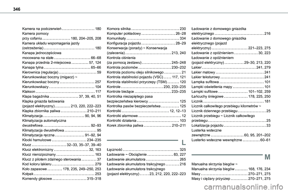 TOYOTA PROACE VERSO 2023 Instrukcja obsługi (in Polish) 346
Kamera na podczerwień 180Kamera pomocy przy cofaniu 180, 204–205, 208Kamera układu wspomagania jazdy (ostrzeżenia) 180Kanapa jednoczęściowa mocowana na stałe 66–68Kanapa przedn TOYOTA PROACE VERSO 2023 Instrukcja obsługi (in Polish) 346
Kamera na podczerwień 180Kamera pomocy przy cofaniu 180, 204–205, 208Kamera układu wspomagania jazdy (ostrzeżenia) 180Kanapa jednoczęściowa mocowana na stałe 66–68Kanapa przedn