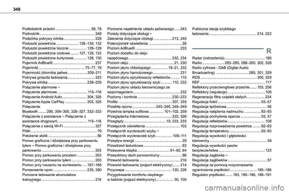 TOYOTA PROACE VERSO 2023 Instrukcja obsługi (in Polish) 348
Podłokietnik przedni 58, 78Podnośnik 249Podpórka pokrywy silnika 229Poduszki powietrzne 126–130, 132Poduszki powietrzne boczne 128–129Poduszki powietrzne czołowe 127, 129, 133P TOYOTA PROACE VERSO 2023 Instrukcja obsługi (in Polish) 348
Podłokietnik przedni 58, 78Podnośnik 249Podpórka pokrywy silnika 229Poduszki powietrzne 126–130, 132Poduszki powietrzne boczne 128–129Poduszki powietrzne czołowe 127, 129, 133P