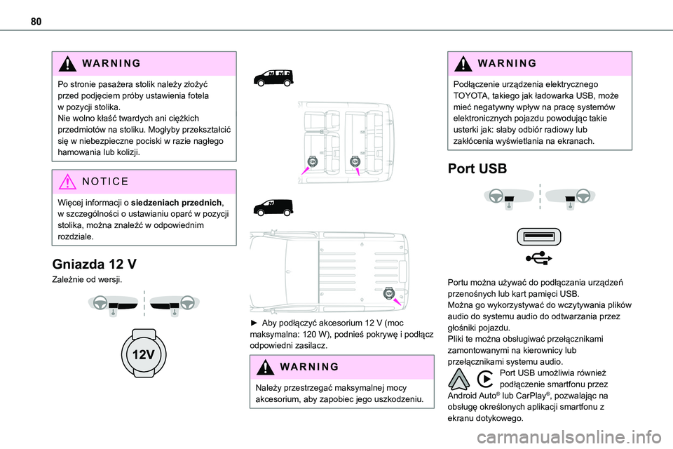 TOYOTA PROACE VERSO 2023 Instrukcja obsługi (in Polish) 80
WARNI NG
Po stronie pasażera stolik należy złożyć przed podjęciem próby ustawienia fotela w pozycji stolika.Nie wolno kłaść twardych ani ciężkich przedmiotów na stoliku. Mogłyby przek TOYOTA PROACE VERSO 2023 Instrukcja obsługi (in Polish) 80
WARNI NG
Po stronie pasażera stolik należy złożyć przed podjęciem próby ustawienia fotela w pozycji stolika.Nie wolno kłaść twardych ani ciężkich przedmiotów na stoliku. Mogłyby przek