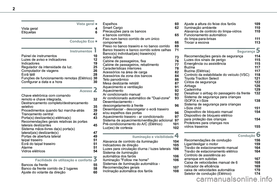 TOYOTA PROACE VERSO 2023 Manual de utilização (in Portuguese) 2
■Vista geralVista geral 4Etiquetas 6
■Condução Eco
1InstrumentosPainel de instrumentos 10Luzes de aviso e indicadores 12Indicadores 19Regulador da intensidade da luz. 2 TOYOTA PROACE VERSO 2023 Manual de utilização (in Portuguese) 2
■Vista geralVista geral 4Etiquetas 6
■Condução Eco
1InstrumentosPainel de instrumentos 10Luzes de aviso e indicadores 12Indicadores 19Regulador da intensidade da luz. 2