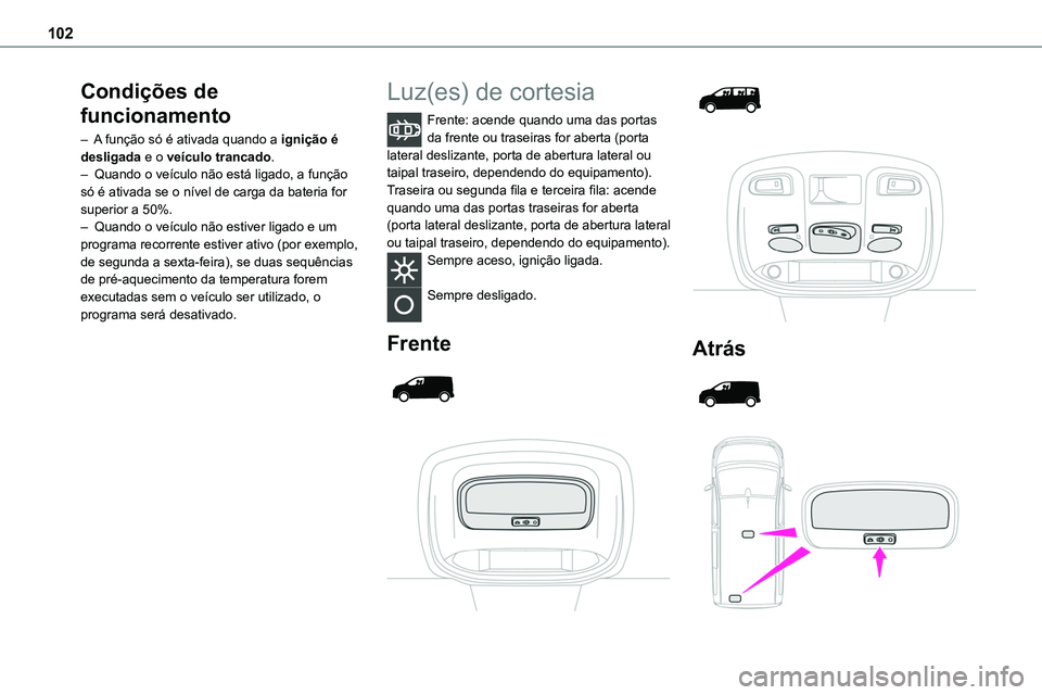 TOYOTA PROACE VERSO 2023  Manual de utilização (in Portuguese) 102
Condições de 
funcionamento
– A função só é ativada quando a ignição é desligada e o veículo trancado.–  Quando o veículo não está ligado, a função só é ativada se o nível de