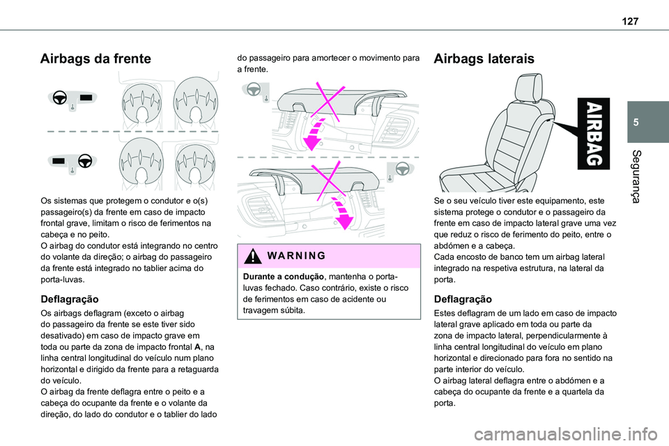 TOYOTA PROACE VERSO 2023 Manual de utilização (in Portuguese) 127
Segurança
5
Airbags da frente
Os sistemas que protegem o condutor e o(s) passageiro(s) da frente em caso de impacto frontal grave, limitam o risco de ferimentos na cabeça e no peito.O airbag TOYOTA PROACE VERSO 2023 Manual de utilização (in Portuguese) 127
Segurança
5
Airbags da frente
Os sistemas que protegem o condutor e o(s) passageiro(s) da frente em caso de impacto frontal grave, limitam o risco de ferimentos na cabeça e no peito.O airbag