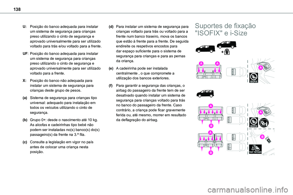 TOYOTA PROACE VERSO 2023 Manual de utilização (in Portuguese) 138
U:Posição do banco adequada para instalar um sistema de segurança para crianças preso utilizando o cinto de segurança e aprovado universalmente para ser utilizado voltado para trás e/ou volt TOYOTA PROACE VERSO 2023 Manual de utilização (in Portuguese) 138
U:Posição do banco adequada para instalar um sistema de segurança para crianças preso utilizando o cinto de segurança e aprovado universalmente para ser utilizado voltado para trás e/ou volt