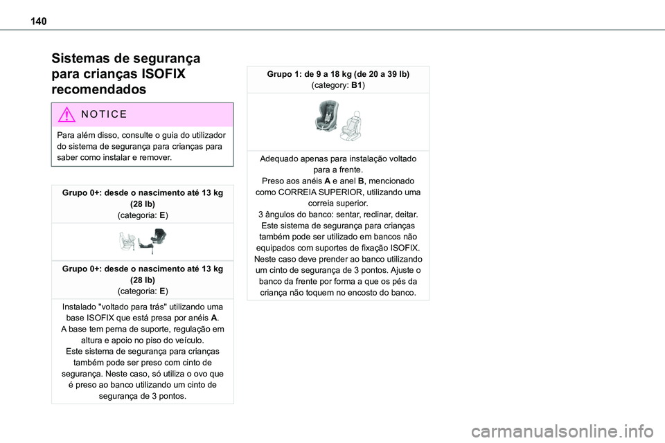 TOYOTA PROACE VERSO 2023 Manual de utilização (in Portuguese) 140
Sistemas de segurança
para crianças ISOFIX
recomendados
NOTIC E
Para além disso, consulte o guia do utilizador do sistema de segurança para crianças para saber como instalar e remover.
Grup TOYOTA PROACE VERSO 2023 Manual de utilização (in Portuguese) 140
Sistemas de segurança
para crianças ISOFIX
recomendados
NOTIC E
Para além disso, consulte o guia do utilizador do sistema de segurança para crianças para saber como instalar e remover.
Grup