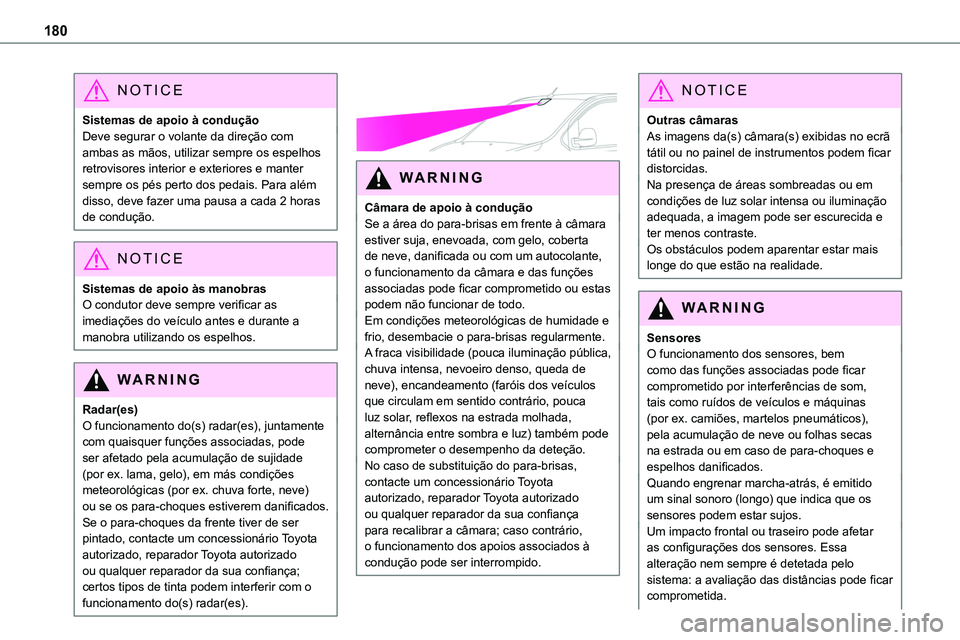 TOYOTA PROACE VERSO 2023 Manual de utilização (in Portuguese) 180
NOTIC E
Sistemas de apoio à conduçãoDeve segurar o volante da direção com ambas as mãos, utilizar sempre os espelhos retrovisores interior e exteriores e manter sempre os pés perto dos peda TOYOTA PROACE VERSO 2023 Manual de utilização (in Portuguese) 180
NOTIC E
Sistemas de apoio à conduçãoDeve segurar o volante da direção com ambas as mãos, utilizar sempre os espelhos retrovisores interior e exteriores e manter sempre os pés perto dos peda