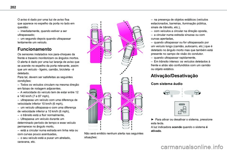 TOYOTA PROACE VERSO 2023 Manual de utilização (in Portuguese) 202
O aviso é dado por uma luz de aviso fixa que aparece no espelho da porta no lado em questão:– imediatamente, quando estiver a ser ultrapassado;– um segundo depois quando ultrapassar lentamen TOYOTA PROACE VERSO 2023 Manual de utilização (in Portuguese) 202
O aviso é dado por uma luz de aviso fixa que aparece no espelho da porta no lado em questão:– imediatamente, quando estiver a ser ultrapassado;– um segundo depois quando ultrapassar lentamen