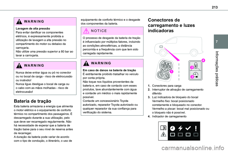 TOYOTA PROACE VERSO 2023 Manual de utilização (in Portuguese) 213
Informações práticas
7
WARNI NG
Lavagem de alta pressãoPara evitar danificar os componentes elétricos, é expressamente proibida a utilização de lavagem a alta pressão no compartimento do TOYOTA PROACE VERSO 2023 Manual de utilização (in Portuguese) 213
Informações práticas
7
WARNI NG
Lavagem de alta pressãoPara evitar danificar os componentes elétricos, é expressamente proibida a utilização de lavagem a alta pressão no compartimento do