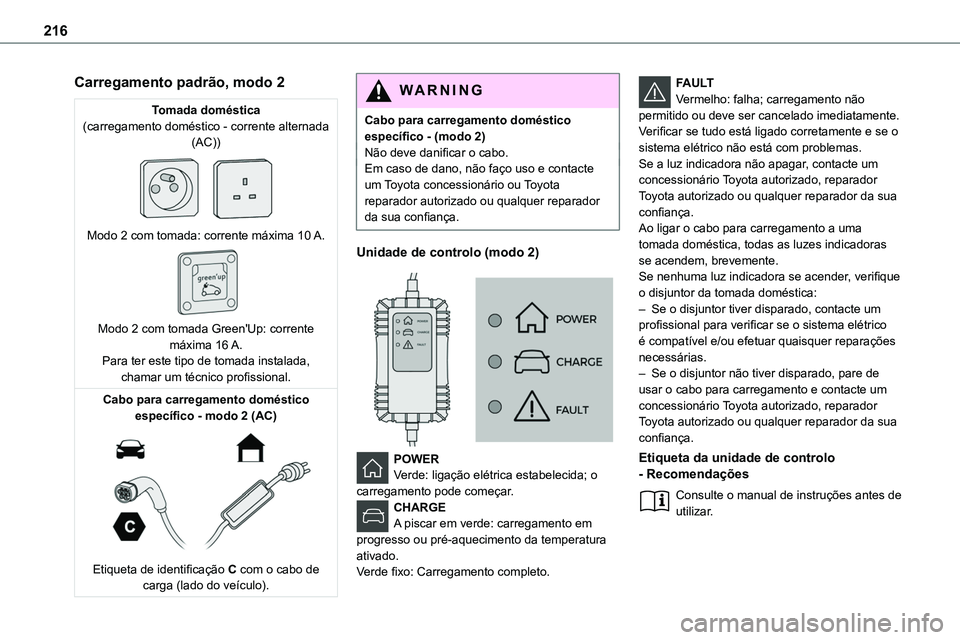 TOYOTA PROACE VERSO 2023 Manual de utilização (in Portuguese) 216
Carregamento padrão, modo 2
Tomada doméstica(carregamento doméstico - corrente alternada (AC))
Modo 2 com tomada: corrente máxima 10 A.
Modo 2 com tomada Green'Up: corrente máxima TOYOTA PROACE VERSO 2023 Manual de utilização (in Portuguese) 216
Carregamento padrão, modo 2
Tomada doméstica(carregamento doméstico - corrente alternada (AC))
Modo 2 com tomada: corrente máxima 10 A.
Modo 2 com tomada Green'Up: corrente máxima