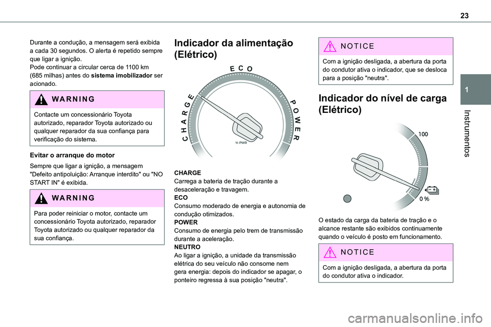 TOYOTA PROACE VERSO 2023  Manual de utilização (in Portuguese) 23
Instrumentos
1
Durante a condução, a mensagem será exibida a cada 30 segundos. O alerta é repetido sempre que ligar a ignição.Pode continuar a circular cerca de 1100 km (685 milhas) antes do 
