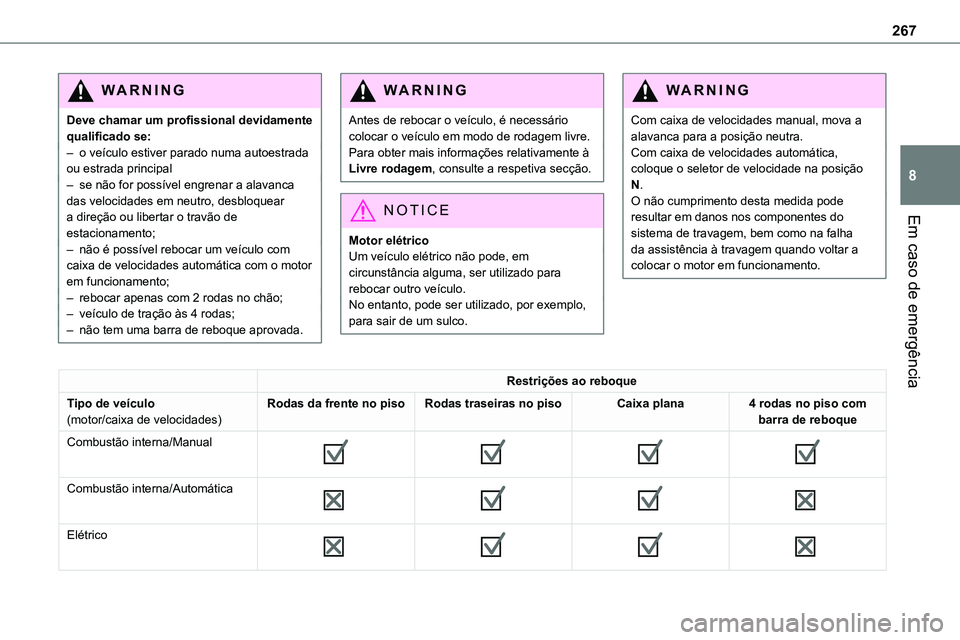 TOYOTA PROACE VERSO 2023 Manual de utilização (in Portuguese) 267
Em caso de emergência
8
WARNI NG
Deve chamar um profissional devidamente qualificado se:– o veículo estiver parado numa autoestrada ou estrada principal– se não for possível engrenar a ala TOYOTA PROACE VERSO 2023 Manual de utilização (in Portuguese) 267
Em caso de emergência
8
WARNI NG
Deve chamar um profissional devidamente qualificado se:– o veículo estiver parado numa autoestrada ou estrada principal– se não for possível engrenar a ala
