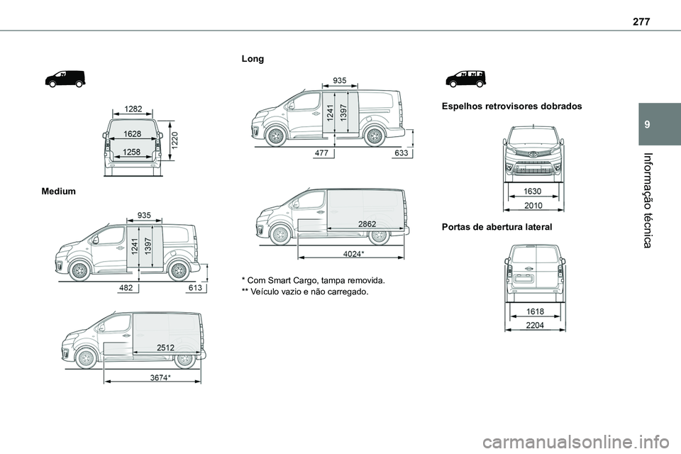 TOYOTA PROACE VERSO 2023  Manual de utilização (in Portuguese) 277
Informação técnica
9
 
  
 
Medium 
  
 
Long 
  
 
* Com Smart Cargo, tampa removida.** Veículo vazio e não carregado.
 
 
Espelhos retrovisores dobrados 
 
Portas de abertura lateral 
   