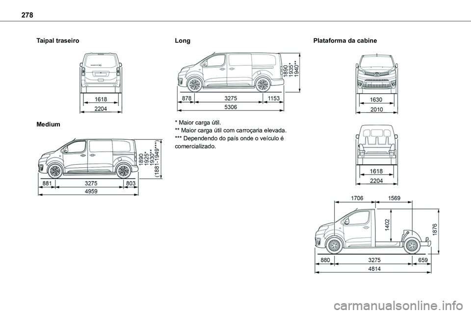 TOYOTA PROACE VERSO 2023  Manual de utilização (in Portuguese) 278
Taipal traseiro 
 
Medium 
 
Long 
 
* Maior carga útil.** Maior carga útil com carroçaria elevada.*** Dependendo do país onde o veículo é comercializado.
Plataforma da cabine 
  
  
   
