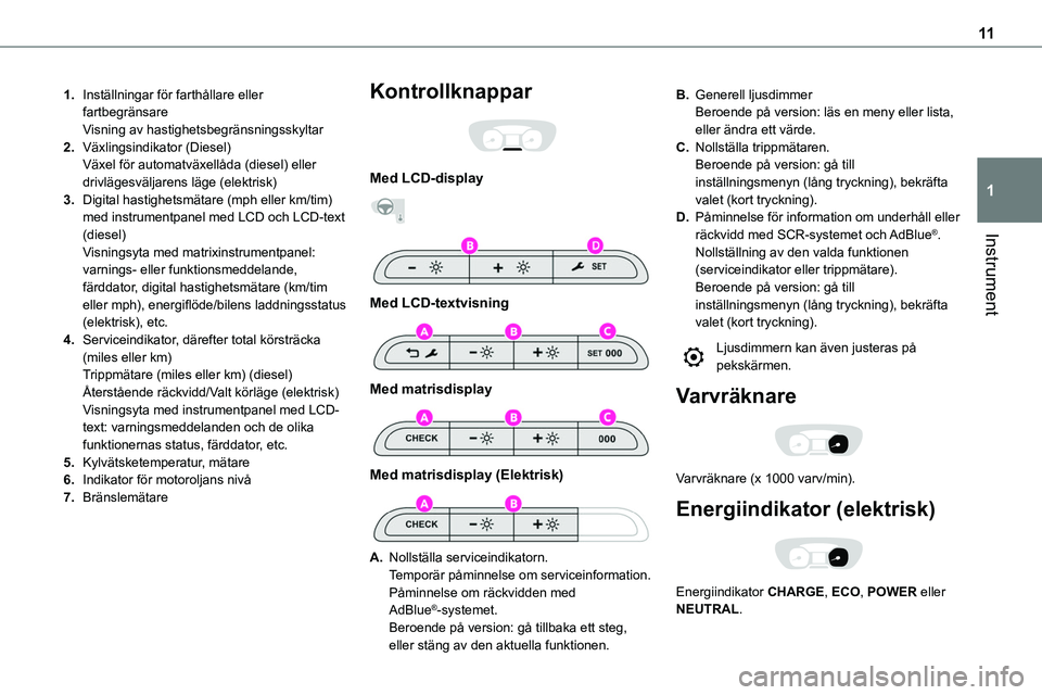 TOYOTA PROACE VERSO 2023 Bruksanvisningar (in Swedish) 11
Instrument
1
1.Inställningar för farthållare eller fartbegränsareVisning av hastighetsbegränsningsskyltar
2.Växlingsindikator (Diesel)Växel för automatväxellåda (diesel) eller drivlägesv TOYOTA PROACE VERSO 2023 Bruksanvisningar (in Swedish) 11
Instrument
1
1.Inställningar för farthållare eller fartbegränsareVisning av hastighetsbegränsningsskyltar
2.Växlingsindikator (Diesel)Växel för automatväxellåda (diesel) eller drivlägesv