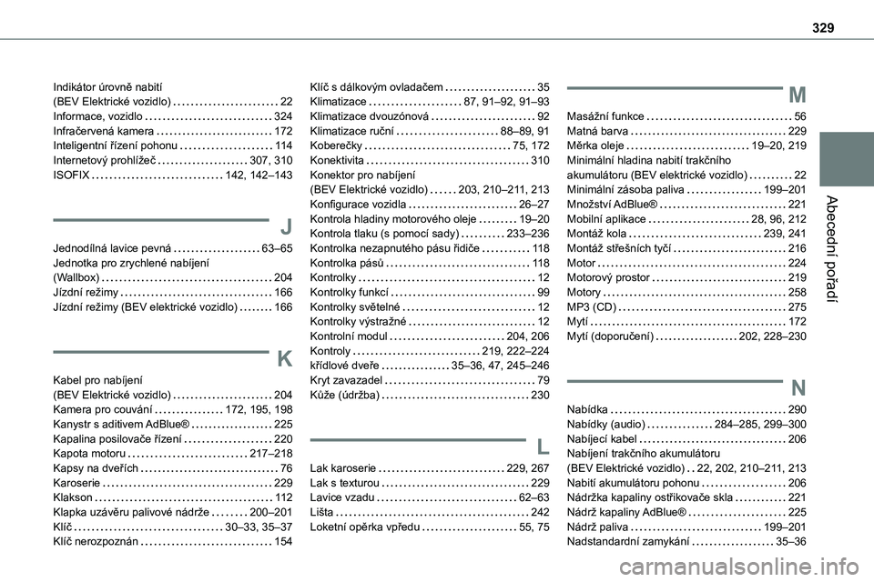 TOYOTA PROACE VERSO 2023  Návod na použití (in Czech) 329
Abecední pořadí
Indikátor úrovně nabití  (BEV Elektrické vozidlo)   22Informace, vozidlo   324Infračervená kamera   172Inteligentní řízení pohonu   11 4Internetový prohlížeč   30