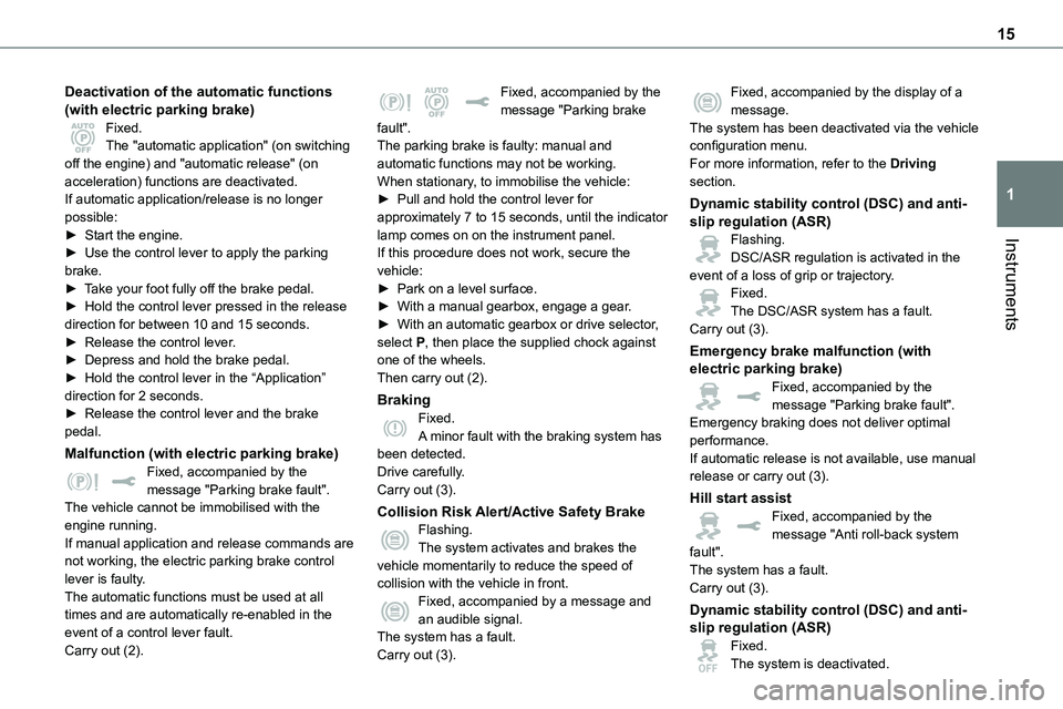 TOYOTA PROACE VERSO EV 2024  Owners Manual 15
Instruments
1
Deactivation of the automatic functions (with electric parking brake)Fixed.The "automatic application" (on switching off the engine) and "automatic release" (on accele