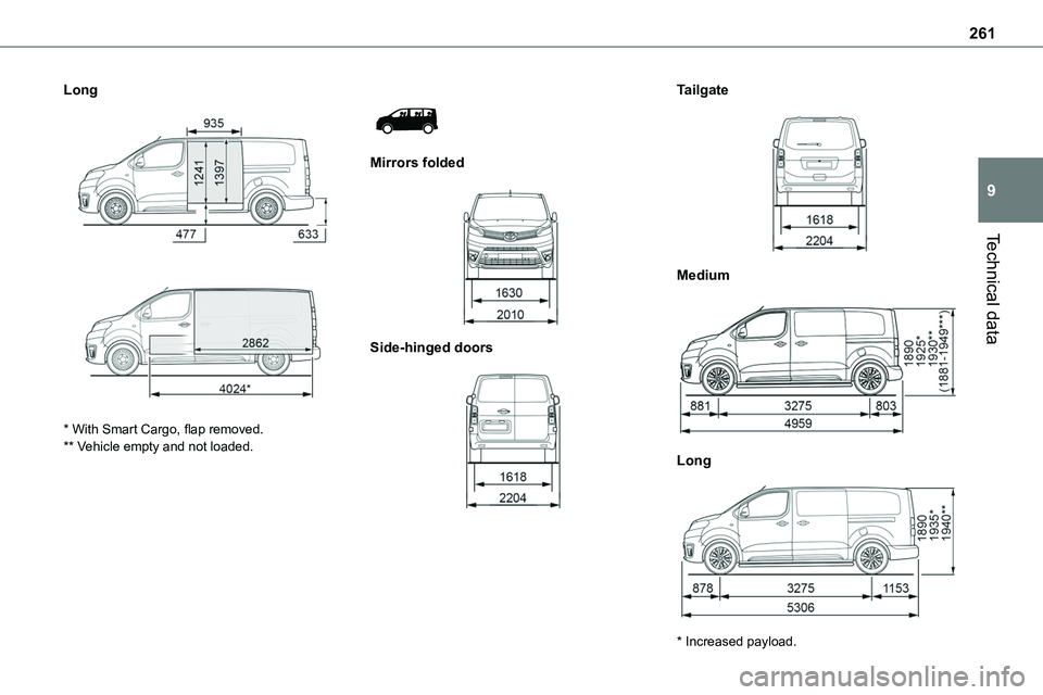 TOYOTA PROACE VERSO EV 2024  Owners Manual 261
Technical data
9
Long 
  
 
* With Smart Cargo, flap removed.** Vehicle empty and not loaded.
 
 
Mirrors folded 
 
Side-hinged doors 
 
Tailgate 
 
Medium 
 
Long 
 
* Increased payload.   