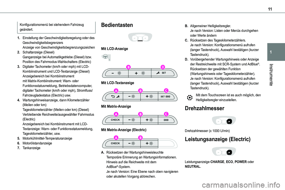 TOYOTA PROACE VERSO EV 2024  Betriebsanleitungen (in German) 11
Instrumente
1
Konfigurationsmenü bei stehendem Fahrzeug geändert.
1.Einstellung der Geschwindigkeitsregelung oder des GeschwindigkeitsbegrenzersAnzeige von Geschwindigkeitsbegrenzungszeichen
2.Sc