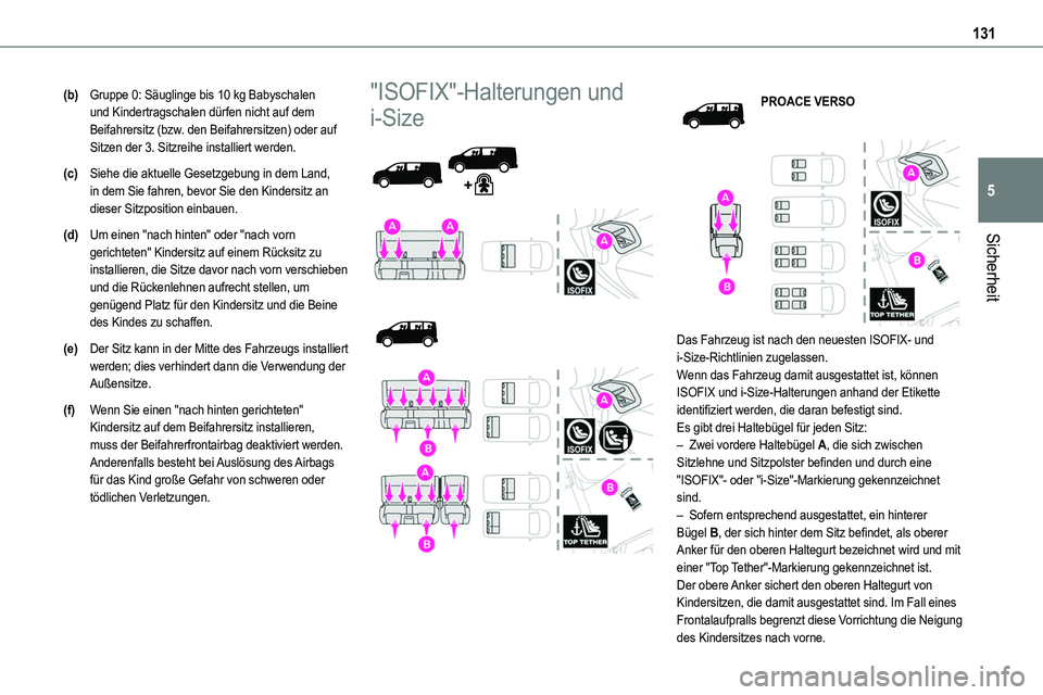 TOYOTA PROACE VERSO EV 2024 Betriebsanleitungen (in German) 131
Sicherheit
5
(b)Gruppe 0: Säuglinge bis 10 kg Babyschalen und Kindertragschalen dürfen nicht auf dem Beifahrersitz (bzw. den Beifahrersitzen) oder auf Sitzen der 3. Sitzreihe installiert werden. TOYOTA PROACE VERSO EV 2024 Betriebsanleitungen (in German) 131
Sicherheit
5
(b)Gruppe 0: Säuglinge bis 10 kg Babyschalen und Kindertragschalen dürfen nicht auf dem Beifahrersitz (bzw. den Beifahrersitzen) oder auf Sitzen der 3. Sitzreihe installiert werden.