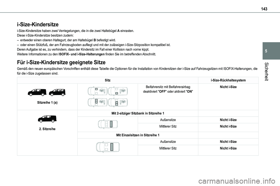 TOYOTA PROACE VERSO EV 2024 Betriebsanleitungen (in German) 143
Sicherheit
5
i-Size-Kindersitze
i-Size-Kindersitze haben zwei Verriegelungen, die in die zwei Haltebügel A einrasten.Diese i-Size-Kindersitze besitzen zudem:– entweder einen oberen Haltegurt, d TOYOTA PROACE VERSO EV 2024 Betriebsanleitungen (in German) 143
Sicherheit
5
i-Size-Kindersitze
i-Size-Kindersitze haben zwei Verriegelungen, die in die zwei Haltebügel A einrasten.Diese i-Size-Kindersitze besitzen zudem:– entweder einen oberen Haltegurt, d