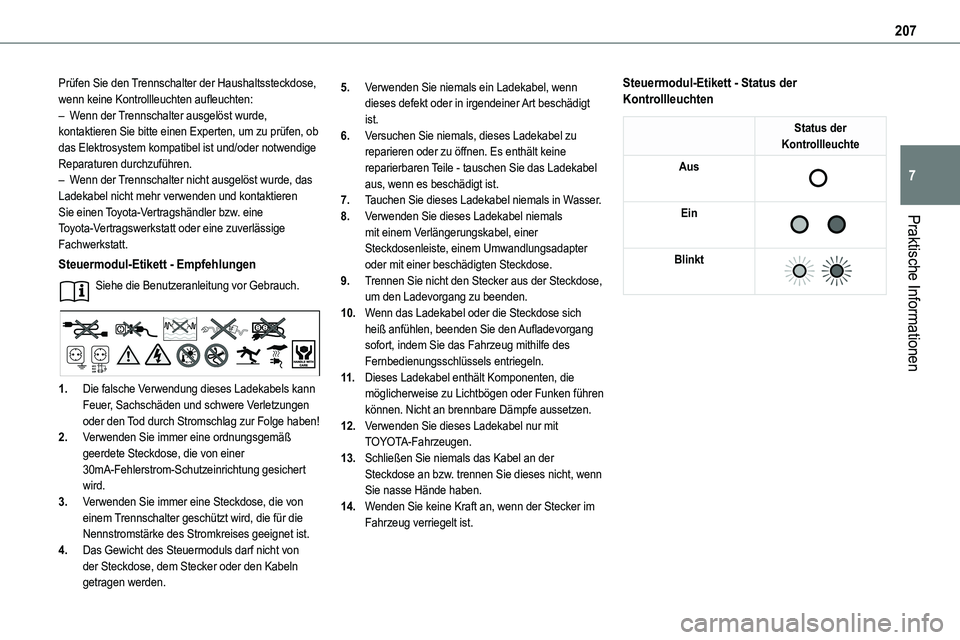 TOYOTA PROACE VERSO EV 2024 Betriebsanleitungen (in German) 207
Praktische Informationen
7
Prüfen Sie den Trennschalter der Haushaltssteckdose, wenn keine Kontrollleuchten aufleuchten:– Wenn der Trennschalter ausgelöst wurde, kontaktieren Sie bitte einen E TOYOTA PROACE VERSO EV 2024 Betriebsanleitungen (in German) 207
Praktische Informationen
7
Prüfen Sie den Trennschalter der Haushaltssteckdose, wenn keine Kontrollleuchten aufleuchten:– Wenn der Trennschalter ausgelöst wurde, kontaktieren Sie bitte einen E