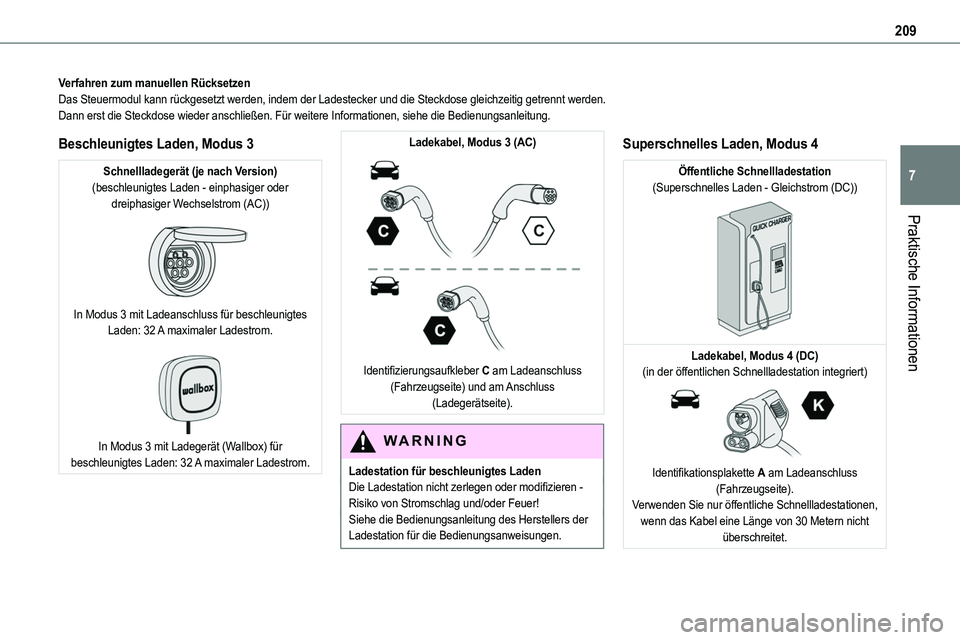 TOYOTA PROACE VERSO EV 2024 Betriebsanleitungen (in German) 209
Praktische Informationen
7
Verfahren zum manuellen RücksetzenDas Steuermodul kann rückgesetzt werden, indem der Ladestecker und di\
e Steckdose gleichzeitig getrennt werden.Dann erst die Steckdo TOYOTA PROACE VERSO EV 2024 Betriebsanleitungen (in German) 209
Praktische Informationen
7
Verfahren zum manuellen RücksetzenDas Steuermodul kann rückgesetzt werden, indem der Ladestecker und di\
e Steckdose gleichzeitig getrennt werden.Dann erst die Steckdo