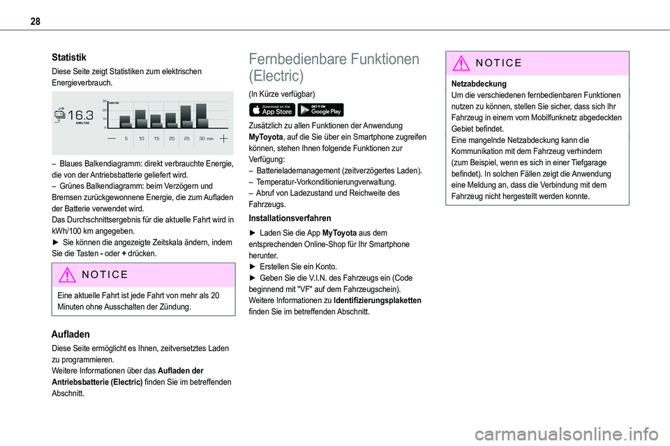 TOYOTA PROACE VERSO EV 2024 Betriebsanleitungen (in German) 28
Statistik
Diese Seite zeigt Statistiken zum elektrischen Energieverbrauch.
– Blaues Balkendiagramm: direkt verbrauchte Energie, die von der Antriebsbatterie geliefert wird.– Grünes Balkendi TOYOTA PROACE VERSO EV 2024 Betriebsanleitungen (in German) 28
Statistik
Diese Seite zeigt Statistiken zum elektrischen Energieverbrauch.
– Blaues Balkendiagramm: direkt verbrauchte Energie, die von der Antriebsbatterie geliefert wird.– Grünes Balkendi