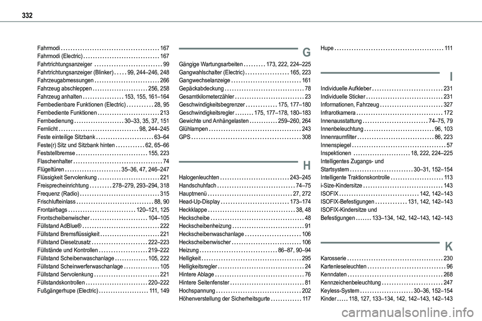 TOYOTA PROACE VERSO EV 2024  Betriebsanleitungen (in German) 332
Fahrmodi   167Fahrmodi (Electric)   167Fahrtrichtungsanzeiger    99Fahrtrichtungsanzeiger (Blinker)   99, 244–246, 248Fahrzeugabmessungen   266Fahrzeug abschleppen   256, 258Fahrzeug anhalten   