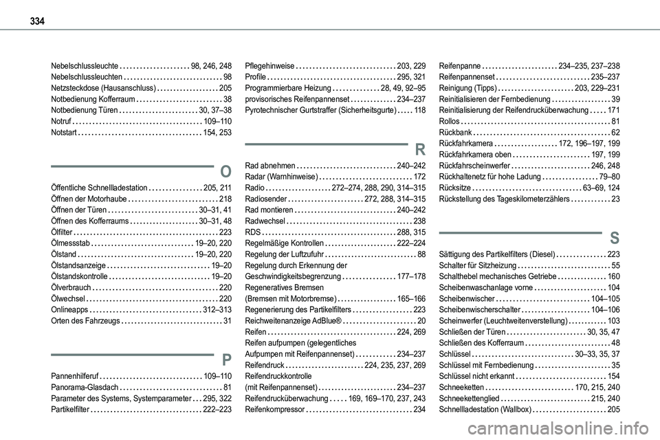 TOYOTA PROACE VERSO EV 2024 Betriebsanleitungen (in German) 334
Nebelschlussleuchte 98, 246, 248Nebelschlussleuchten 98Netzsteckdose (Hausanschluss) 205Notbedienung Kofferraum 38Notbedienung Türen 30, 37–38Notruf 109–11 0Notstart 154, 253
O
TOYOTA PROACE VERSO EV 2024 Betriebsanleitungen (in German) 334
Nebelschlussleuchte 98, 246, 248Nebelschlussleuchten 98Netzsteckdose (Hausanschluss) 205Notbedienung Kofferraum 38Notbedienung Türen 30, 37–38Notruf 109–11 0Notstart 154, 253
O