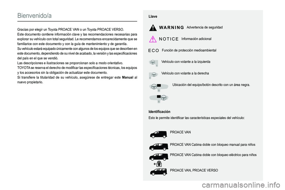 TOYOTA PROACE VERSO EV 2024  Manual del propietario (in Spanish)  
  
 
  
 
  
  
  
  
   
   
 
  
   
   
   
Bienvenido/a
Gracias por elegir un Toyota PROACE VAN o un Toyota PROACE VERSO.Este documento contiene información clave y las recomendaciones necesari