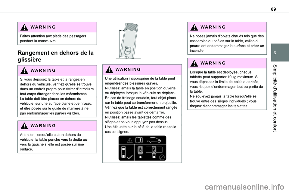 TOYOTA PROACE VERSO EV 2024  Manuel du propriétaire (in French) 89
Simplicité d'utilisation et confort
3
WARNI NG
Faites attention aux pieds des passagers pendant la manœuvre.
Rangement en dehors de la 
glissière
WARNI NG
Si vous déposez la table et la ran